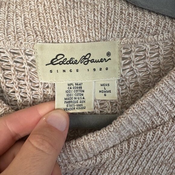 Vintage Eddie Bauer Sweater Men's Large Tan Henley Chunky Knit Outdoor Fall 90s - Picture 2 of 9